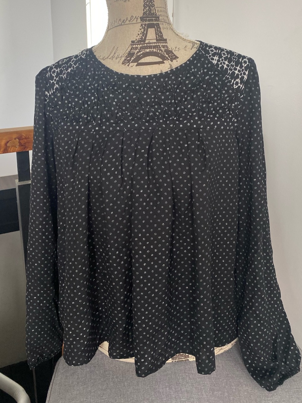 Xhilaration Black Blouse with White Dot Print